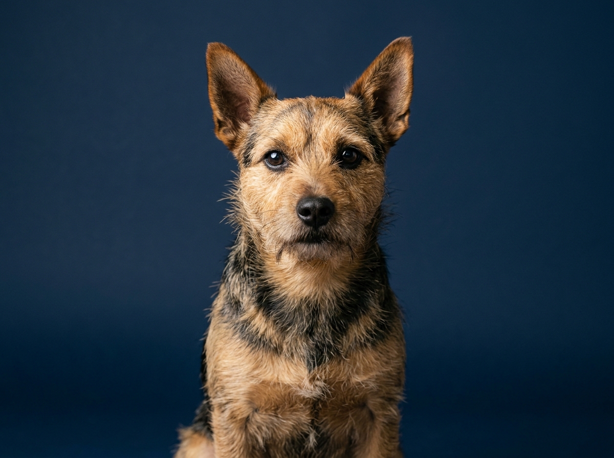 Aufmerksamer Hund mit klaren Augen vor dunkelblauem Hintergrund