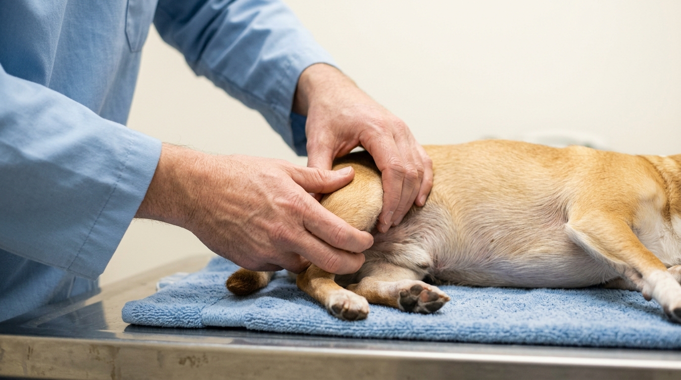Tierärztin untersucht das Kniegelenk eines kleinen Hundes auf dem Behandlungstisch